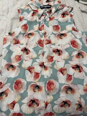 Karl Lagerfeld Mint Floral Pearl-Trim Blouse with Coral Blooms